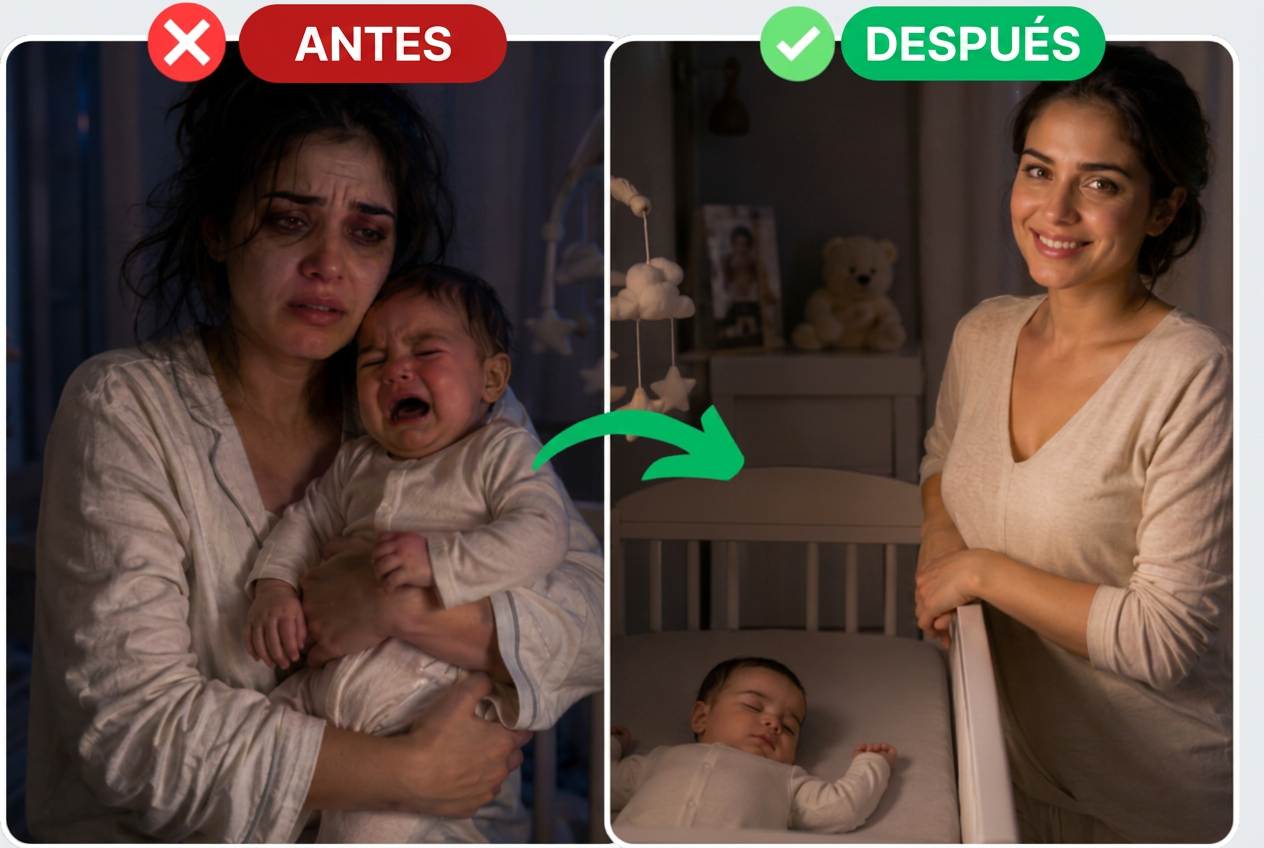 Comparación antes y después: madre agotada con bebé llorando y madre tranquila con bebé durmiendo